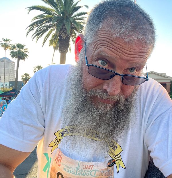 Man with glasses and long beard outdoors near palm trees.