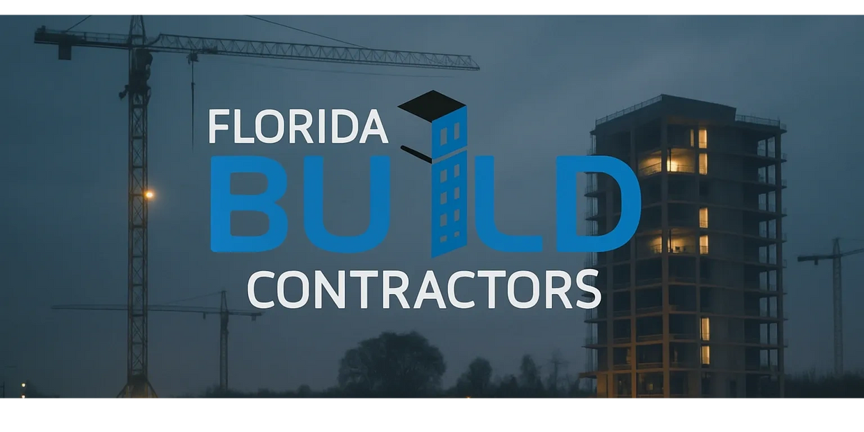 Logo of Florida Build Contractors over a construction site at dusk.