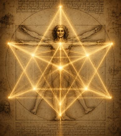 Glowing geometric star pattern with intersecting lines on aged parchment.