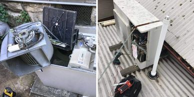 Two images of disassembled and damaged air conditioning units outdoors.