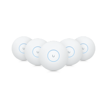 Set of five white wireless access points.