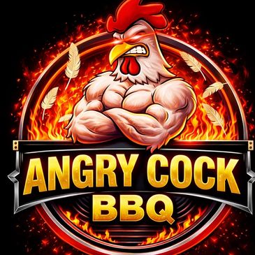 Muscular angry chicken mascot with flames for Angry Cock BBQ logo.