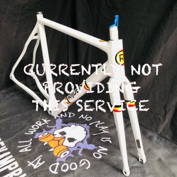 White racing bike frame with brand logos on a cloth backdrop.
