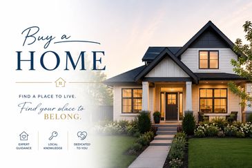Beautiful house with a buy a home advertisement.