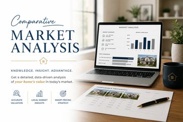 Laptop and documents showing market analysis data.