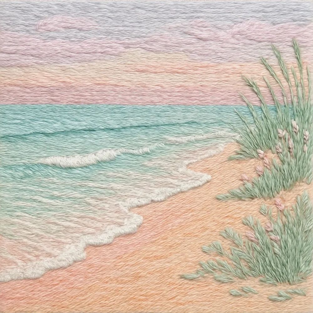 Embroidered beach scene with waves, sand, and grass under a pastel sky.