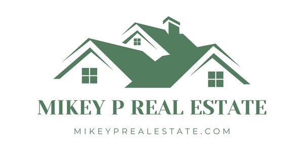 Logo for Mikey P Real Estate featuring stylized green house rooftops.