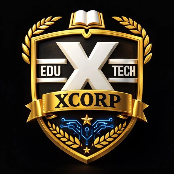 Golden shield logo with 'Xcorp Edu Tech' and digital circuit design.