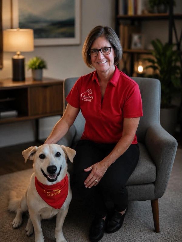 Woman in red shirt sitting with a smiling dog wearing a matching red bandana.