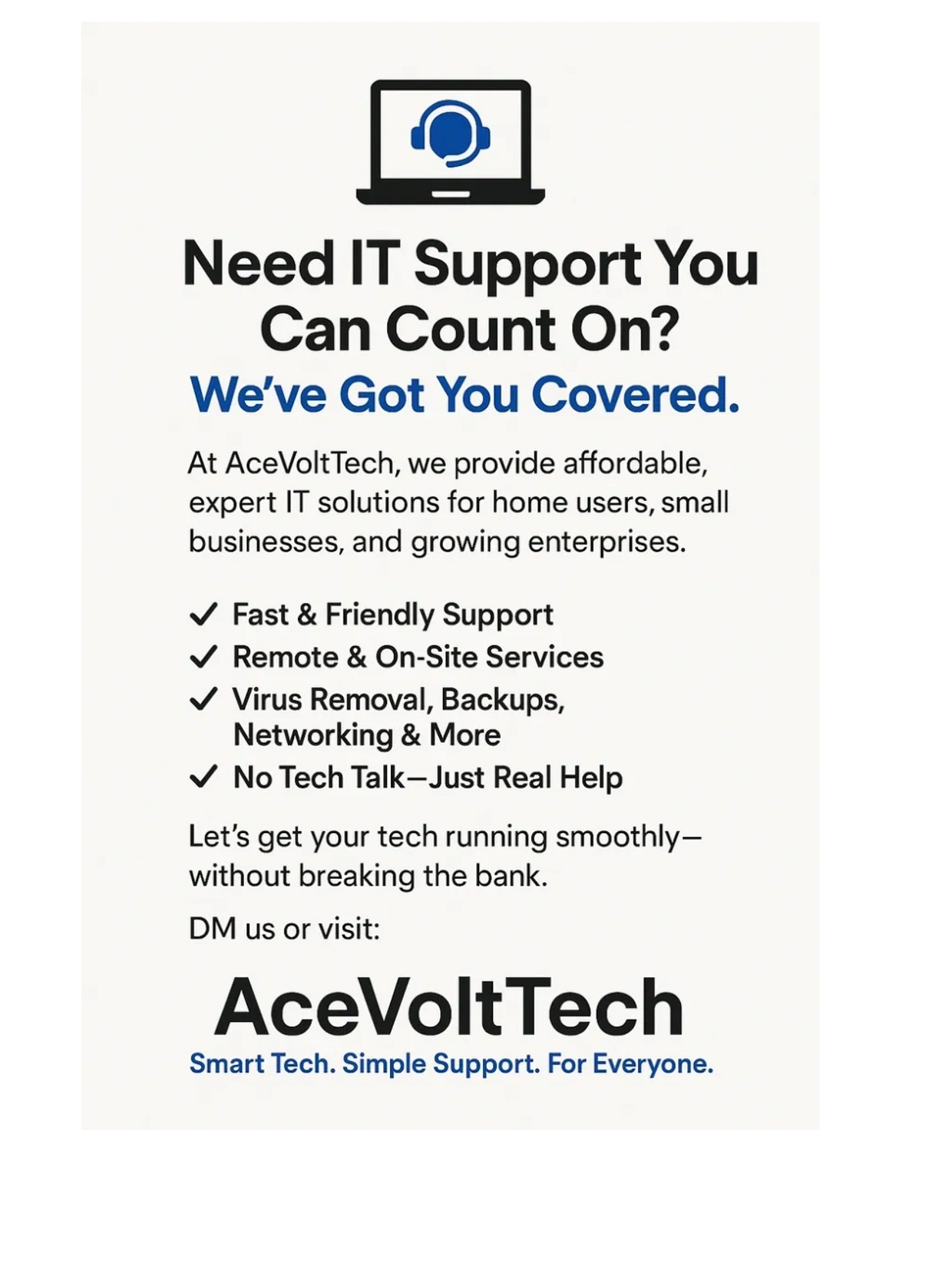 IT support advertisement for AceVoltTech offering affordable solutions.