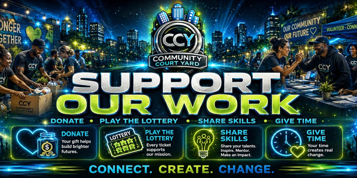 Community event promoting support through donation, lottery, skills sharing, and volunteering.