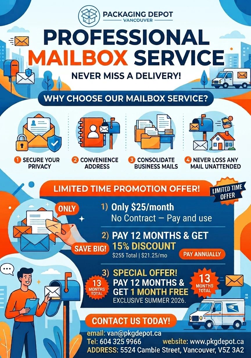 Professional mailbox service in Vancouver with privacy and discounts.