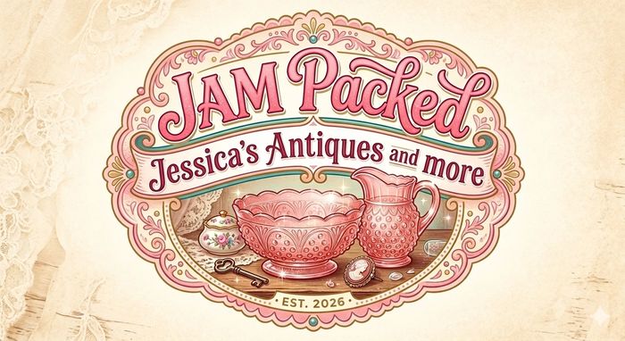 Vintage-style logo for Jessica's Antiques with decorative glassware.