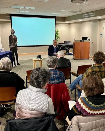 Leading book discussion on "Frederick Douglass" Rogers Free Library, Bristol, RI, 1-11-2023.