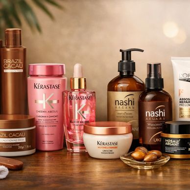 Hair care products from brands like Kérastase, Nashi Argan, and Brazil Cacau arranged on a wooden surface.