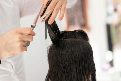 A hairstylist cutting wet hair with scissors.