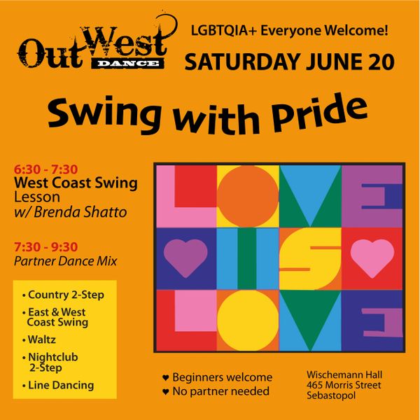 Dance event poster for LGBTQIA+ welcoming Swing with Pride on June 20.