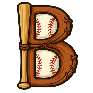 Letter B formed by a baseball glove, baseballs, and a bat.