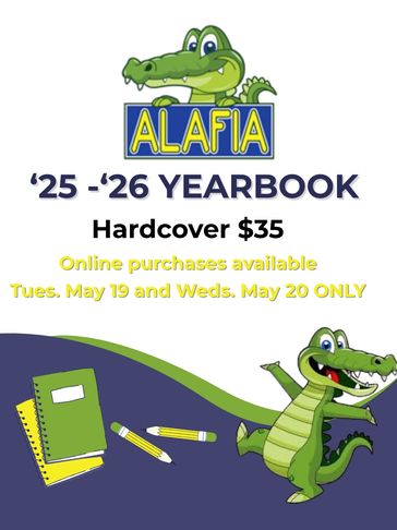 Yearbook sale announcement featuring a cartoon alligator mascot and purchase details.