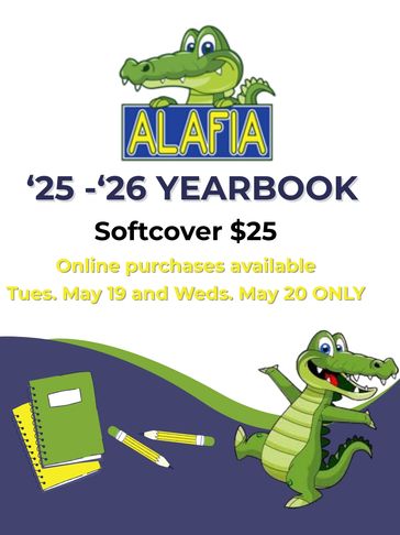 Alafia '25-'26 yearbook softcover available for $25 with limited online purchase dates.