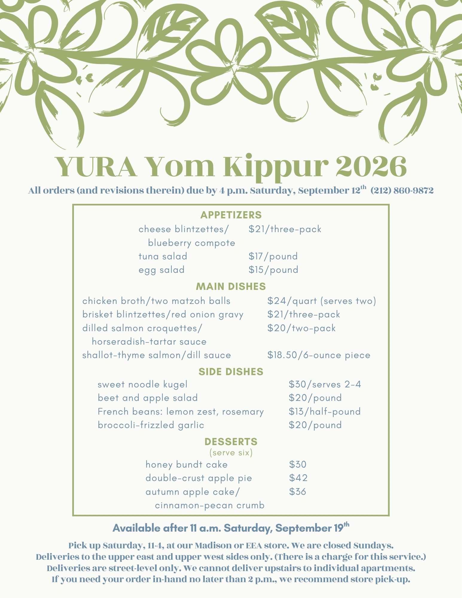 YURA Yom Kippur 2026 menu with courses and pricing.