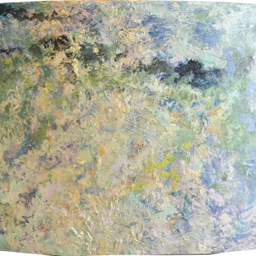 Abstract textured painting with soft pastel colors and dynamic brushstrokes.