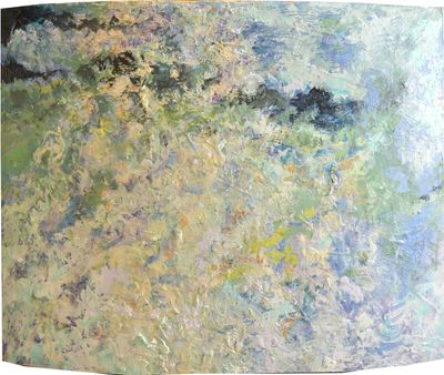 Abstract painting with textured layers of green, blue, and beige hues.