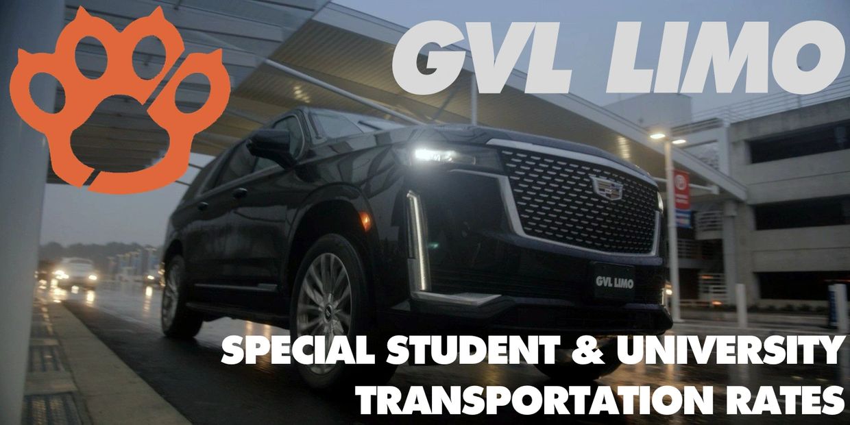 Black Cadillac SUV with GVL LIMO text and special student transportation rates.
