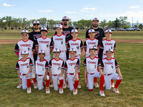 Youth baseball team in white and red uniforms posing on field with coaches.