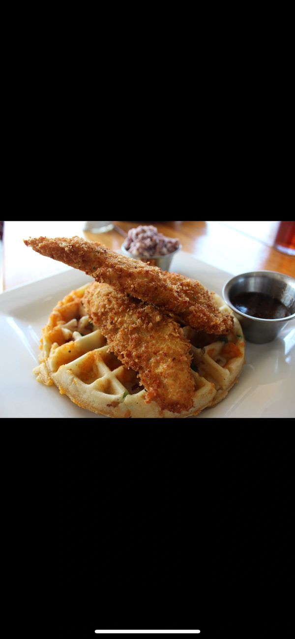 Chicken & Waffle with Cajun Syrup and Blu-berry Butter
