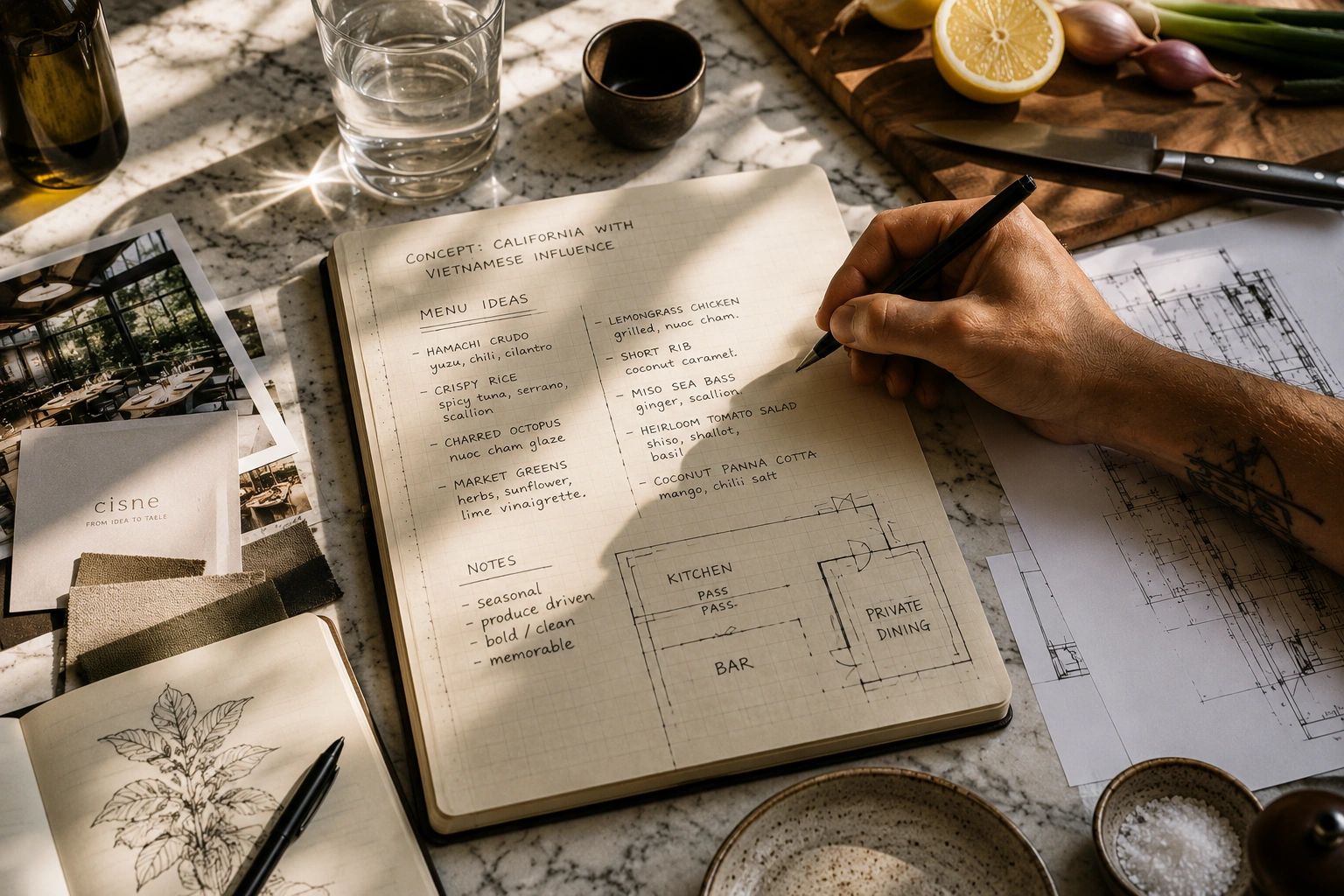 Hand writing menu ideas and restaurant layout in a notebook.