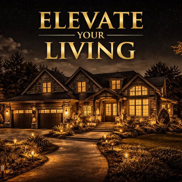 Luxurious house glowing warmly at night with 'Elevate Your Living' text.