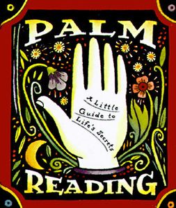 Vintage palm reading poster with mystical designs and a large hand illustration.