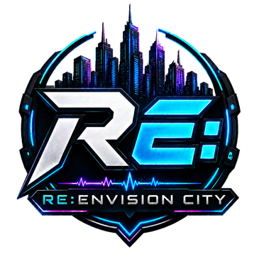 Futuristic city logo with neon lights and the text 'RE: Envision City'.