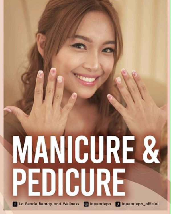 Woman showing manicured nails with 'Manicure &amp; Pedicure' text.