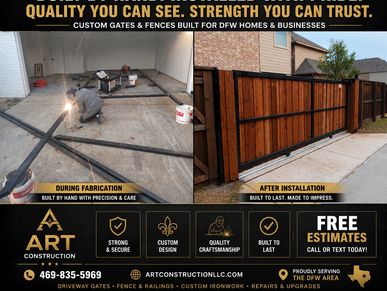 Before-and-after images of custom gate fabrication and installation by Art Construction.