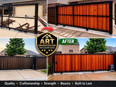 Before and after images of a wooden gate installation by ART Construction Corp.
