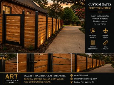 Custom wooden gates with metal frames along a driveway at sunset.