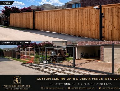 A sturdy custom sliding cedar gate and fence installed in a residential area.