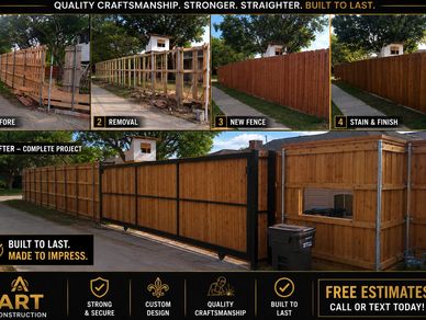 Step-by-step fence replacement showing removal and new fence installation.