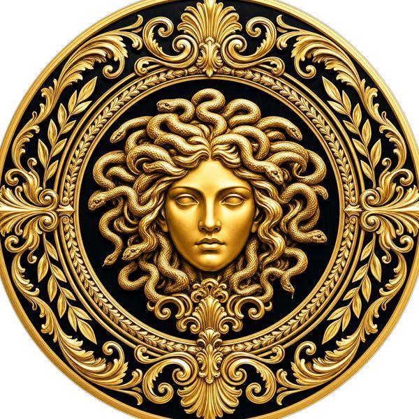 
Custom gold Medusa medallion emblem on a luxury wrought iron gate design by Art Construction Corp.