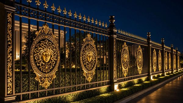  Luxury ornamental wrought iron fencing with custom gold medallions and landscape lighting