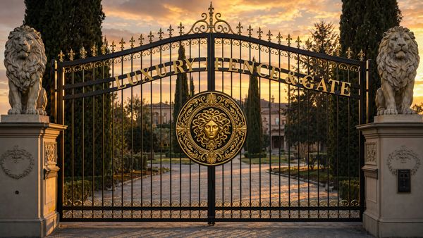  Luxury custom wrought iron entryway gate with stone lion pillars by Art Construction Corp.