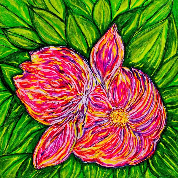 Watercolor painting of a flower among leaves