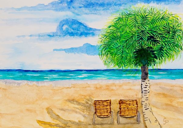 Watercolor painting of a beach with two beach chairs and a palm tree