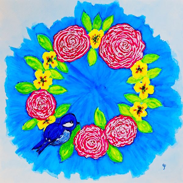 Watercolor painting of a wreath and a small bluebird on it