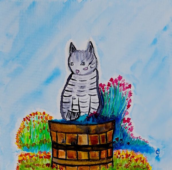 Watercolor painting of a cat on a barrel