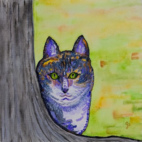 Watercolor painting of a cat sneaking around a tree