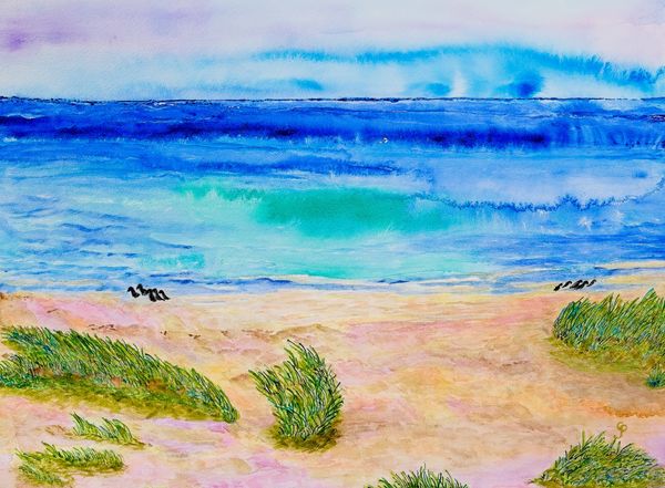Watercolor painting of Dauphin Island Beach on a wind day with birds out on the beach