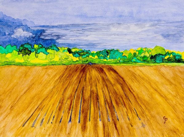 Watercolor painting of a country field